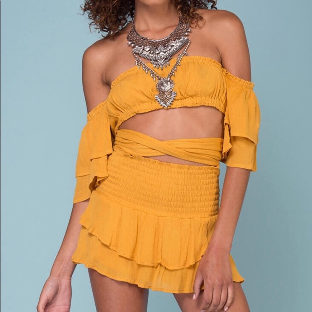Yellow two piece crop top skort set